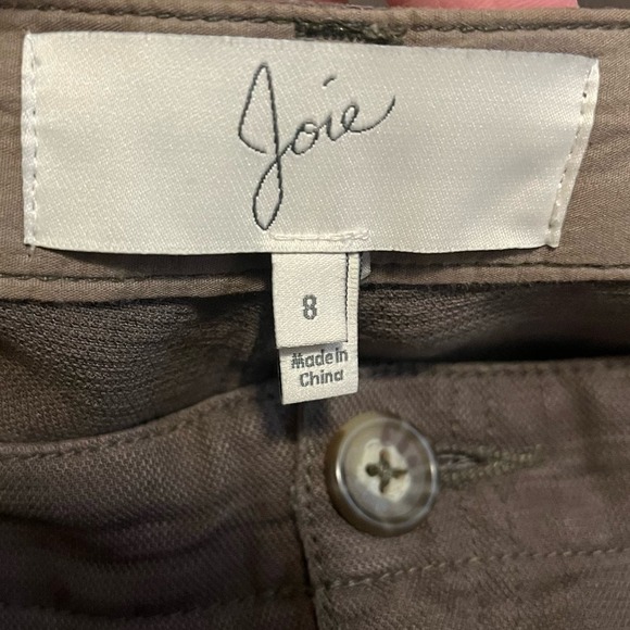 Joie Cropped Pants Size 8 Army Green Linen Blend Fray Hem Studded Straight Leg - Picture 14 of 16